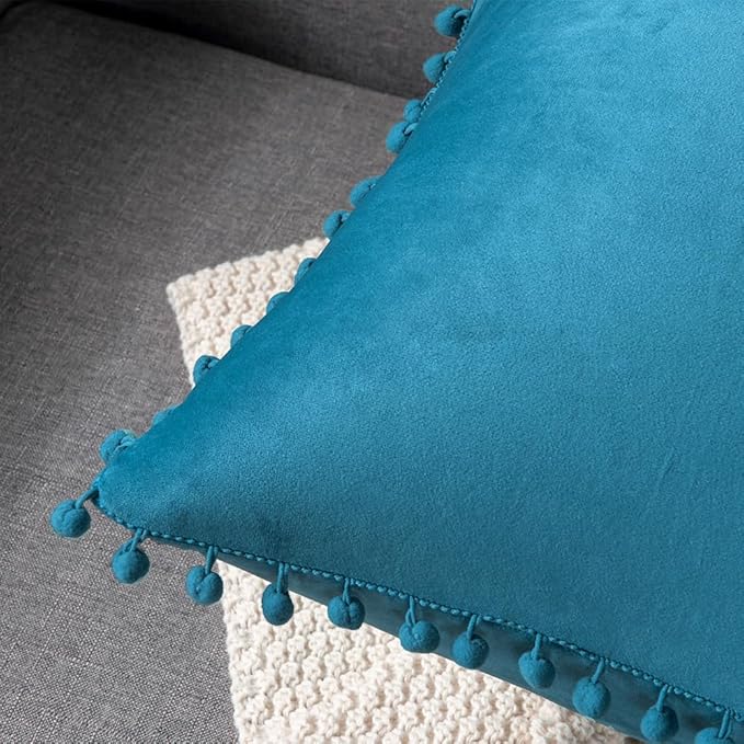 DEZENE Throw Pillow Cases 16x16 Turquoise: 2 Pack Cozy Soft Pom-poms Velvet Square Decorative Pillow Covers for Farmhouse Home Decor