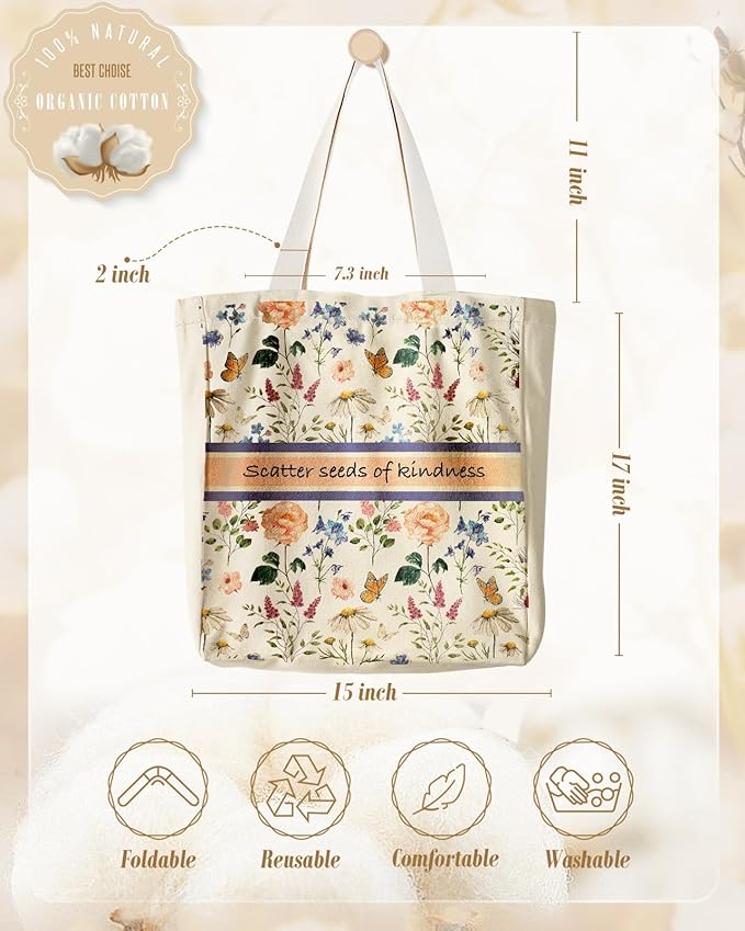 Aesthetic Heavy Canvas Tote Bag with Pocket for Women, Cloth Gusseted Totes Bag with Pattern for Shopping