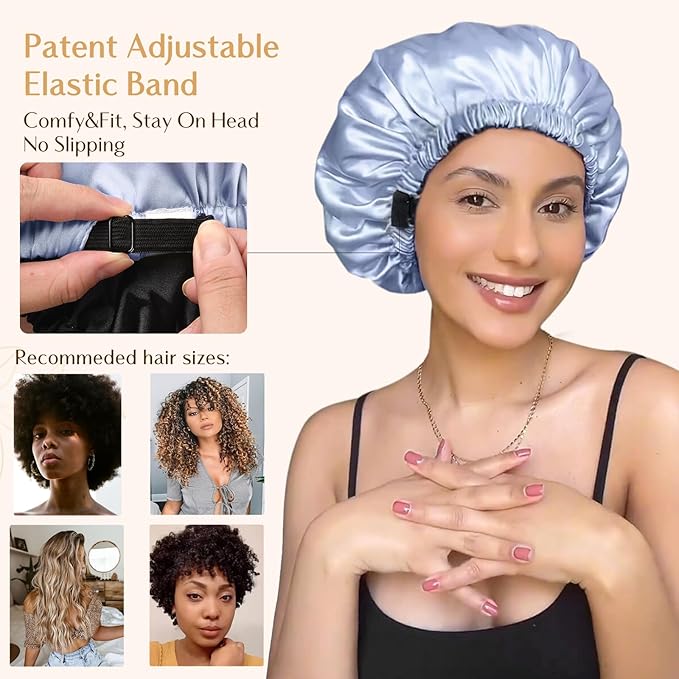 YANIBEST Adjustable Silk Bonnet Double Layer Satin Bonnet Hair Bonnet for Sleeping Bonnets for Women Hats Curly Natural Hair, Sky Blue