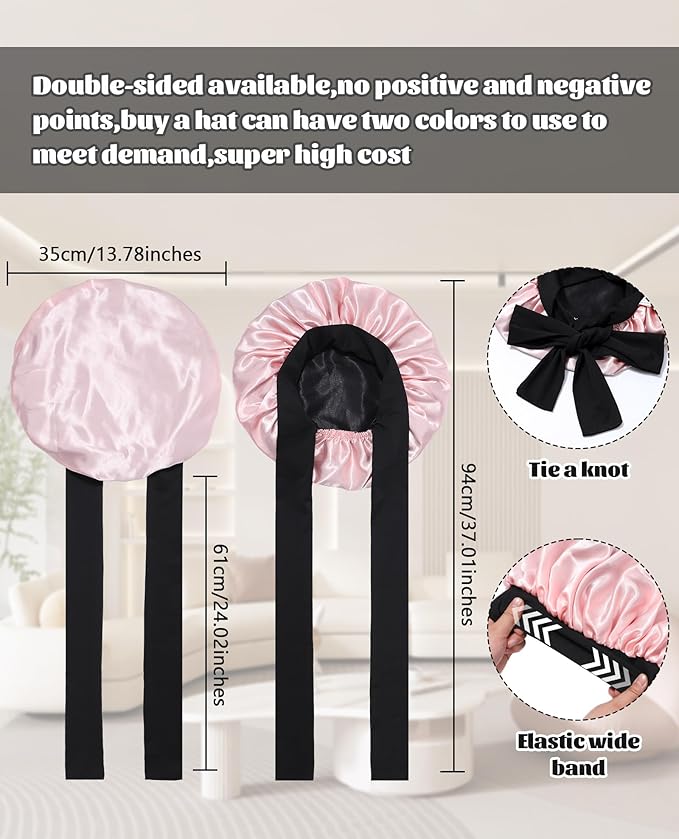 Satin Bonnet Silk Bonnet for Sleeping Silk Sleep Cap Double Layer Hair Bonnet with Elastic Tie Band for Curly Hair Night Cap (Black + Peach Pink)