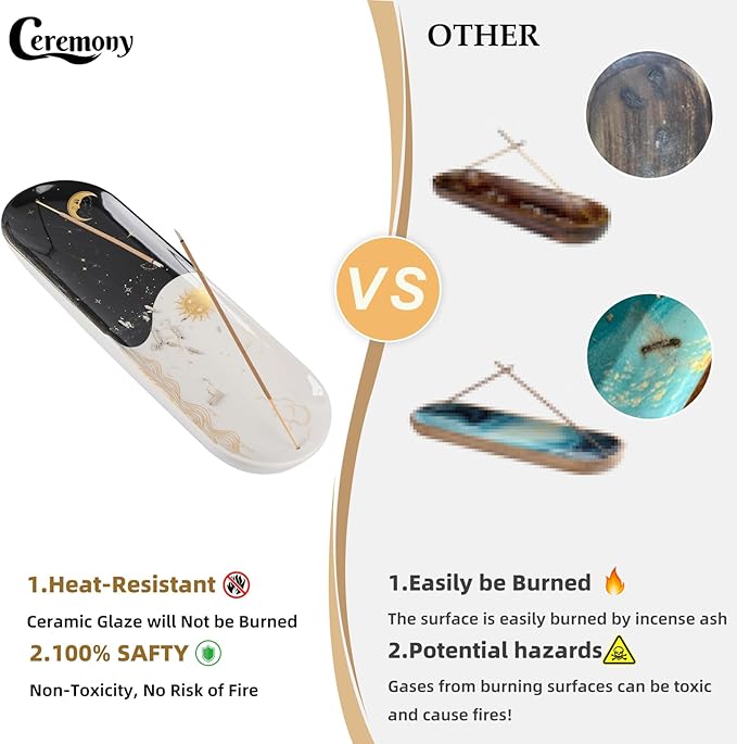 Incense Holder for Sticks, Ceramic Incense Burner with 60 Incense Sticks for Sage Palo Santo, Heat-Resistant Insence-Stick Holder for Backflow Incense Cones Meditation Yoga Spa Room Decor