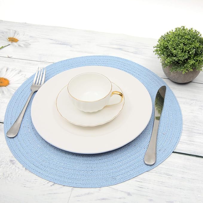 SHACOS Round Braided Placemats Set of 4 Washable 15 inch Round Non Slip Table Place Mats for Dining Tables (Light Blue, 4)
