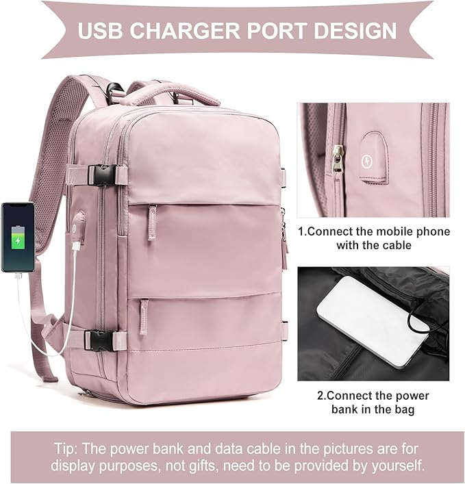 coowoz Large Travel Backpack For Women Men,Carry On Backpack Flight Approved,Hiking Backpack Waterproof Outdoor Rucksack Casual Daypack Fit 15.6 Inch Laptop Shoes Compartment (Pink Purple-L)