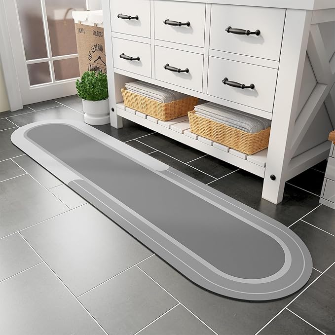 MontVoo Bath Mat Runner - Long Non Slip Absorbent Quick Dry Thin Bath Rug for Bathroom Floor Mat - Rubber Backed - Stain Resistant - Easy Care - Gray 17"x70"