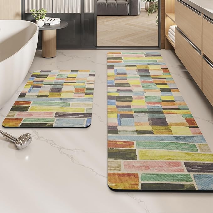 MontVoo -Bath Mat-Non Slip Thin Bathroom Rugs Fit Under Door- Quick Dry Absorbent Faux Suede Surface Grey Bathroom Floor Mats-Shower Rug for in Front of Bathtub Shower Colorful Plaid 17x27.5