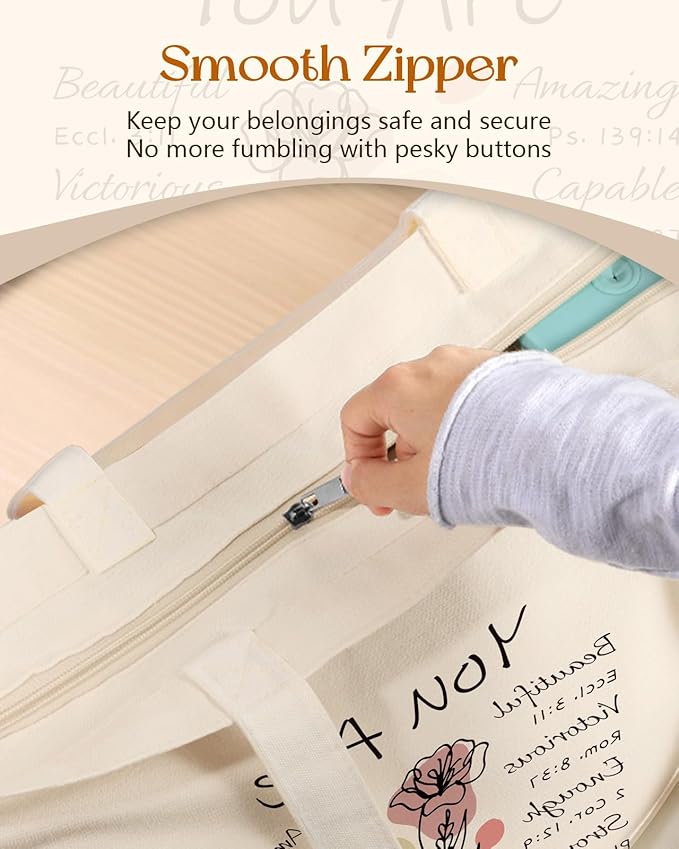 Canvas Tote Bag for Women – Aesthetic Canvas Bag with Zipper Cute Stylish Reusable Shoulder Totes for Shopping Work Daily Vacation, Purple Flower Bible