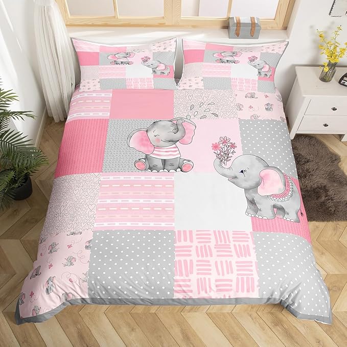 Girly Cute Elephant Duvet Cover Twin Size,Pink Gray Plaid Geometric Comforter Cover Set for Kids Boys Girls,Cartoon Animals Stripes Dots Bedding Quilt Cover Set Bedroom Decor, 2 Pieces