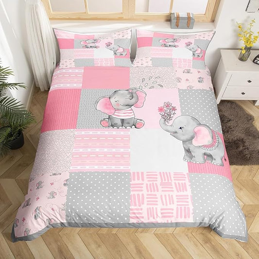 Girly Cute Elephant Bedding Set King Size for Woman Men,Pink Gray Plaid Geometric Comforter Cover with 2 Pillowcases,Cartoon Animals Stripes Dots Duvet Cover Set Microfiber Quilt Cover