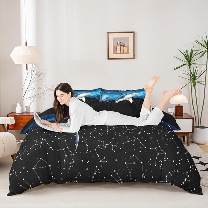 Shark Comforter Cover Galaxy Constellation Duvet Cover Set King Size,Mysterious Outer Space Bedding Set for Boys Girls Bedroom Decoration,Modern Fashion Starry Sky Theme Quilt Cover