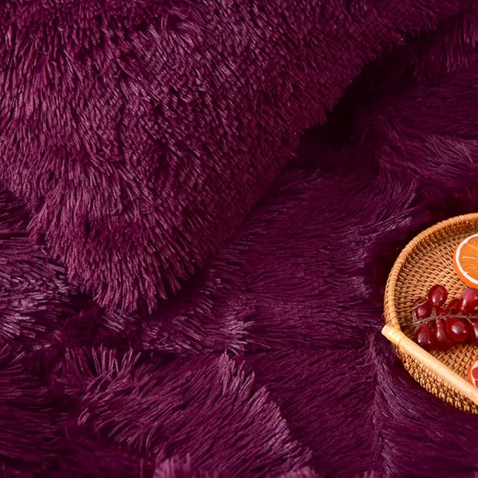 MorroMorn 5 PCS Shaggy Duvet Cover Bedding Set - Fluffy Comforter Cover Long Faux Fur Luxury Ultra Soft Cozy (Maroon, King/California King)