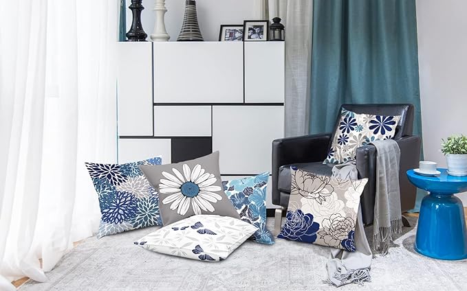 COMMINY Blue Grey Pillow Covers 18x18 Set of 6 Decorative Daisy Flower Throw Pillow Cover for Couch Modern Pillow Case for Patio Living Room Cushion Bed Farmhouse Home Decor
