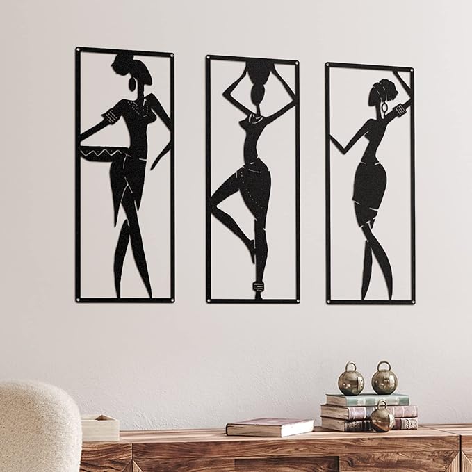 Therwen 3 Pieces African Women Metal Wall Decor Black Women Metal Wall Art African American Black Minimalist Decor for Bedroom Bathroom Living Room Home 15.7 x 6 Inch