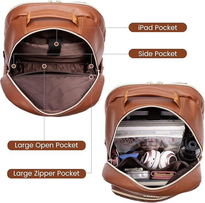 LOVEVOOK Laptop Backpack for Women, Faux PU Leather Quilted Backpack Purse, Business Computer Travel Work Bags, Nurse Backpack for Work, Fits 17-Inch Laptop, Brown