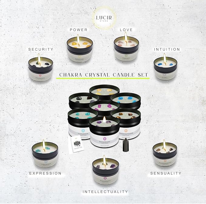 Healing Chakra Scented Candles Set with Surprise Wand | 7 Scented Candles with Chakra Crystals, Wand | E-Book Included