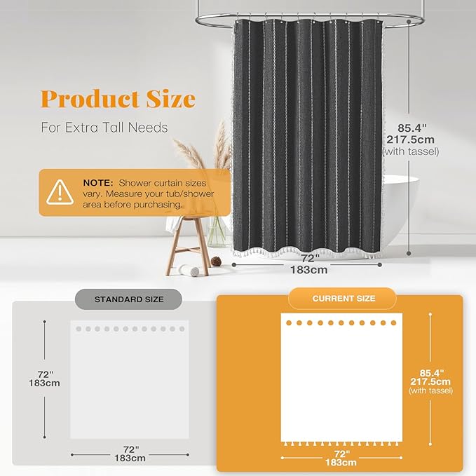 BTTN Extra Long Shower Curtain - 72x84 Long Boho Chic Striped Tassel Linen Fabric Shower Curtain Set with Hooks, Tall Modern Farmhouse Heavy Duty Cloth Shower Curtains for Bathroom - Charcoal Grey