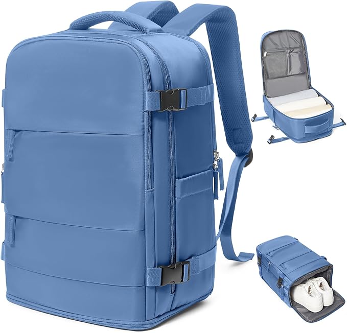 coowoz Travel Backpack for Women Man Carry On Backpack Mochila de Viaje Waterproof Teacher Personal Item Backpack Travel Bag Essentials Rucksack Airplane Accessories Must Haves Sky Blue Small