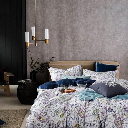 Cupocupa Duvet Cover Set, Queen, Microfiber, White Paisley Pattern, Boho Floral, 3 Pieces