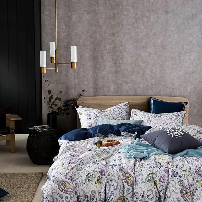 Cupocupa Duvet Cover Set, King, Microfiber, White Paisley Pattern, Boho Floral, 3 Pcs