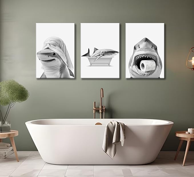 3pcs Black And White Shark Bathroom Canvas wall art Funny ocean Animal bathtub Paintings Pictures Wall Decor Modern Poster Printing Artwork for Restroom Toilet Home Decoration