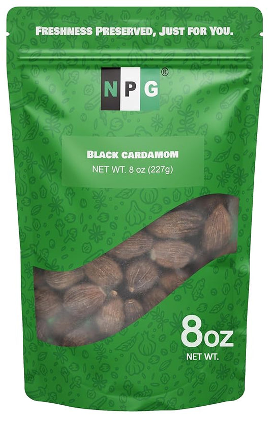 NPG Premium Black Cardamom Pods (Tsao Ko/Cao Guo) 8 Ounces Whole, Large, and Aromatic Brown Seed Pods, All-Natural Non-GMO Spice for Indian Biryani, Curry, Vietnamese Pho, Chinese Stews, and Middle Eastern Cooking