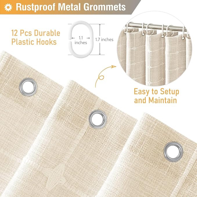 BTTN Extra Long Shower Curtain - 72x90 Inch Long Boho Tassel Linen Fabric Shower Curtain Set with 12 Plastic Hooks, Modern Farmhouse Elegant Heavy Duty Cloth Shower Curtains for Bathroom - Cream/Beige