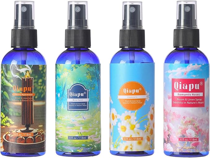 Natural Bedroom Linen Spray Scented Room Mist with Plant Extracts Long Lasting Freshness for Sheets, Pillows & Curtains –Ebony Agarwood + Misty Forest + Chamomile + Romantic Rose 4oz（4 Bottle）