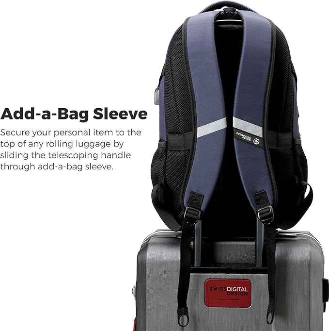Swissdigital Design Laptop Backpack with USB Charging Port, Travel Backpack Fits 15.6 inches Computer, 31L College School Backpack for Men, Blue/Black | SD803
