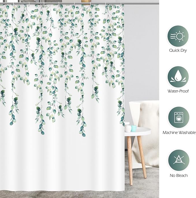 Aimego Sage Green Eucalyptus Shower Curtain-Spring Summer Watercolor Plant Leaves Nature Botanical Bathroom Decor Fabric Cloth Bath Shower Curtain Set with 12 Hooks, 72"x72", White