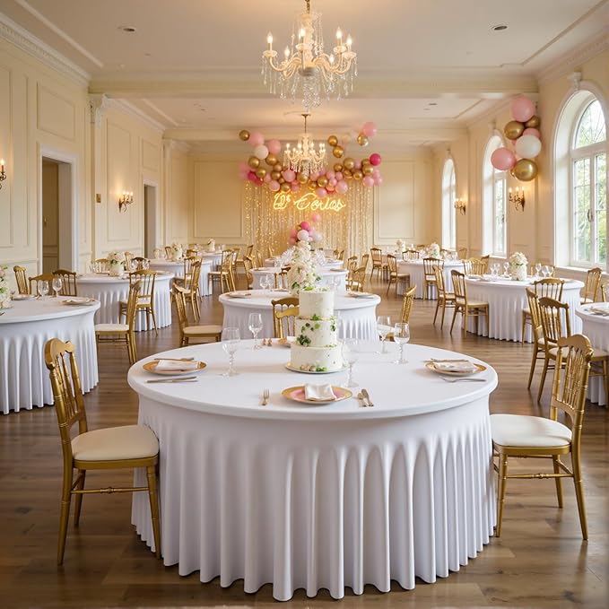 Outpain 4 Pack White Spandex Tablecloth for 72in/6FT Round Tables, Wrinkle Free Tablecloth with Skirt for Wedding, Graduation & Banquet