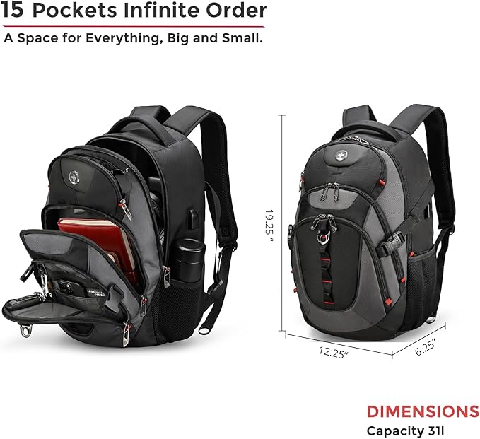 Swissdigital Design Laptop Backpack with USB Charging Port, Travel Backpack Fits 15.6 inches Computer, 31L College School Backpack for Men, Black/Grey | SD803