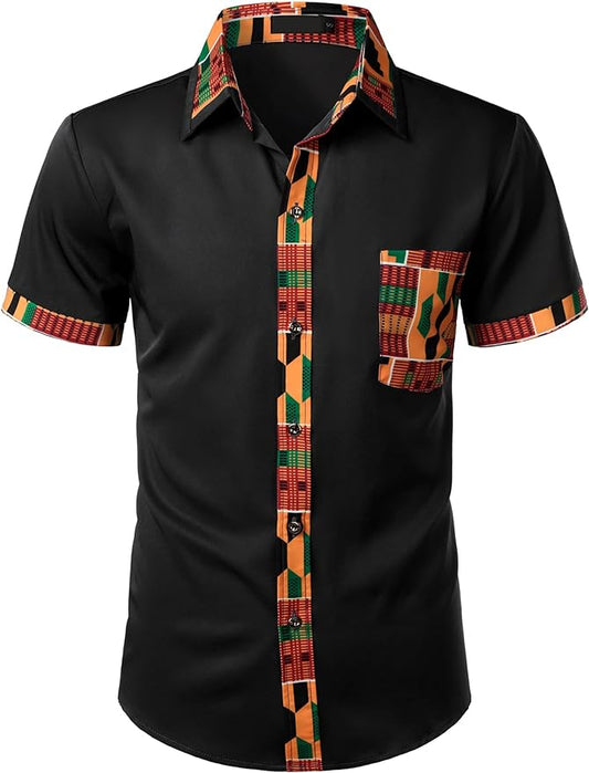ZEROYAA Men's African Printed Patchwork Design Short Sleeve Button up Shirt