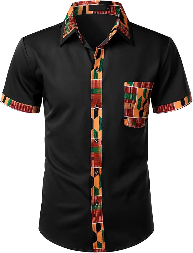 ZEROYAA Men's African Printed Patchwork Design Short Sleeve Button up Shirt