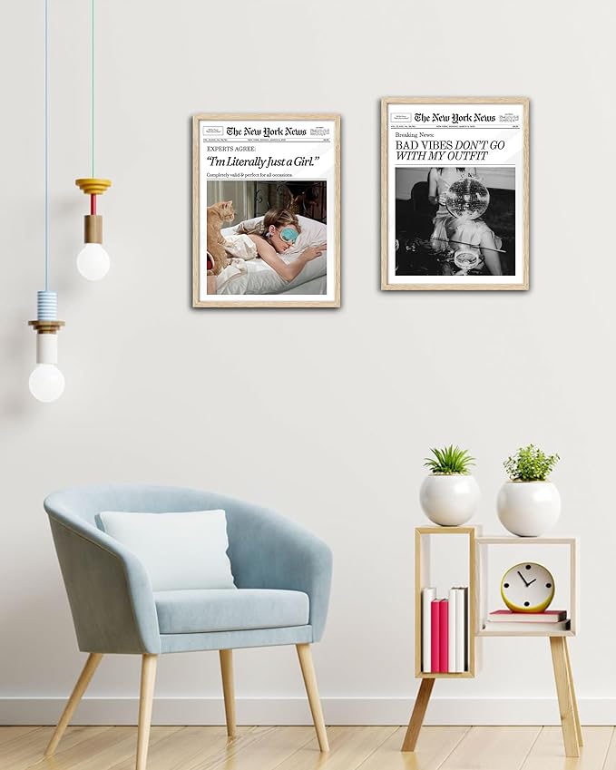 EcoHest Small Trendy Newspaper Magazine Framed Wall Art, 8x10 in OAK Wood Bad Vibes Don't Go With My Outfit Disco Bar Canvas Wall Art, Preppy Retro Home Decor For Bedroom Living Room 1Pack
