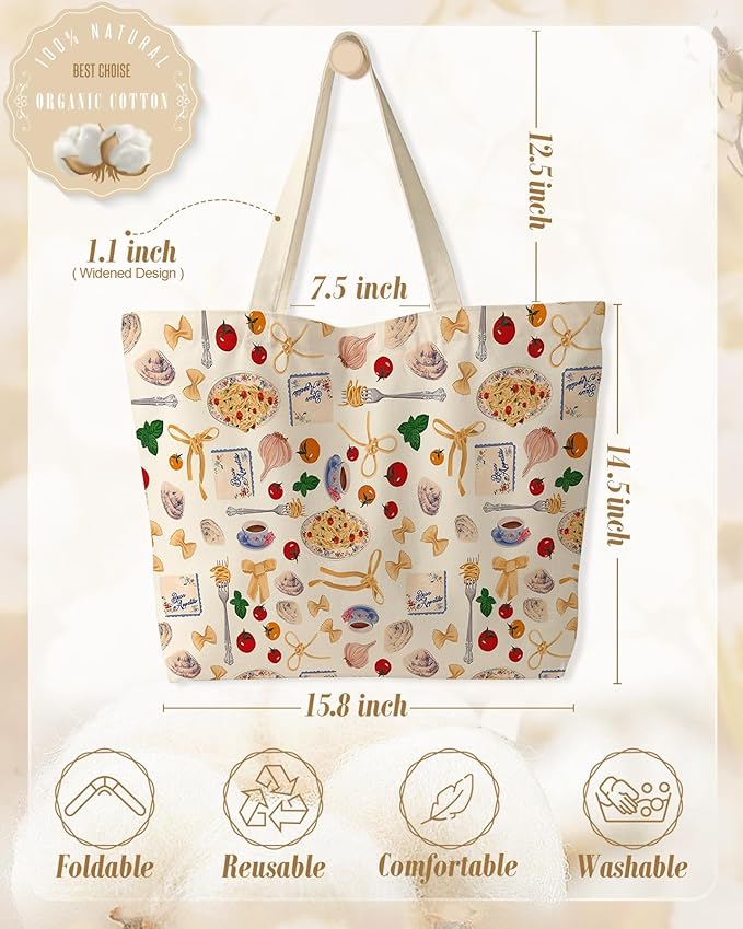 Large Tote Bag for Women - Canvas Tote Bag with Zipper Aesthetic Reusable Shoulder Bag for Gym, Travel, Work