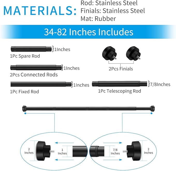 YNL Shower Curtain Rod 34-82 (2.8-6.8ft) Inches, Adjustable Spring Shower Rod No Drilling, Non-Slip, Never Rust, Stainless Steel, Suitable for Bathroom Window Living Room, Matte Black