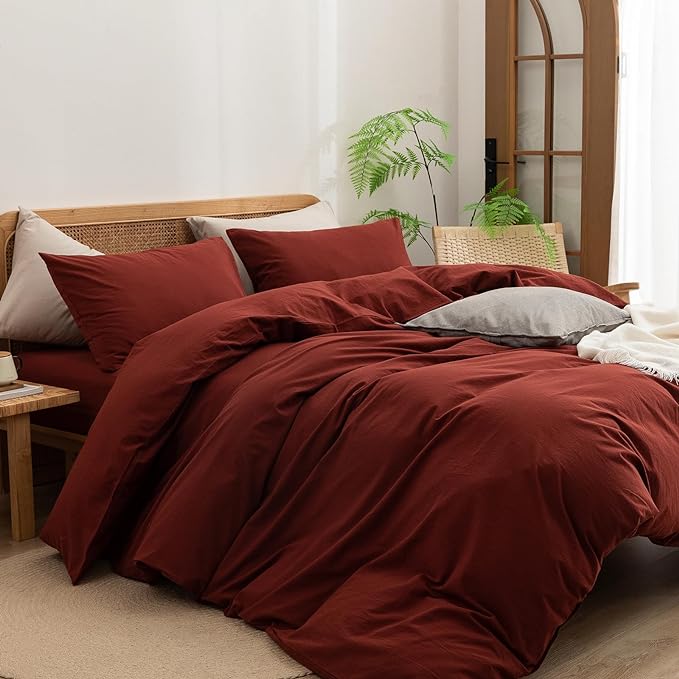 BESTOUCH Duvet Cover Set 100% Washed Cotton Linen Feel Super Soft Comfortable Chic Lightweight 3 PCs Home Bedding Set Solid Fired Brick Red Super King