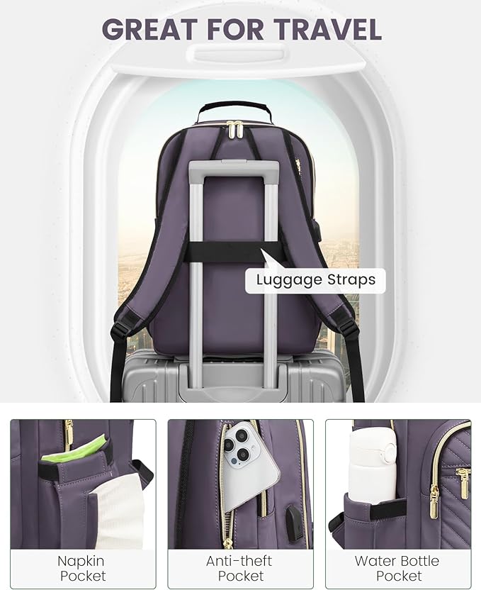 LOVEVOOK Laptop Backpack Purse for Women, Large Capacity Travel Business Computer Work Bag, Quilted Casual Nurse Backpack for Womens, Fit 15.6 Inch Laptop with USB Port, Purple Grey