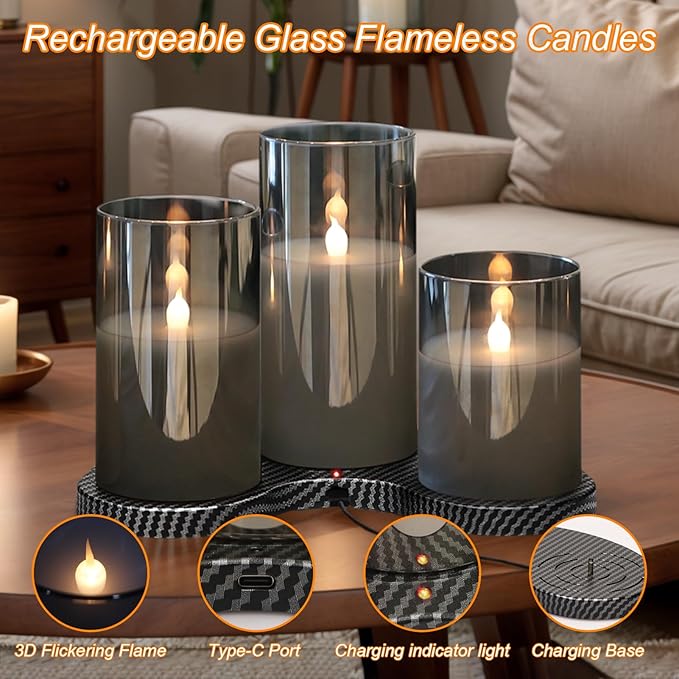 GenSwin Rechargeable Candles with Remote Timer, 3 Pack Glass Flameless Candles with Charging Base, Black LED Candles Flickering Battery Operated for Halloween Home Decorations(Set of 3, D3” x H4”5”6”)