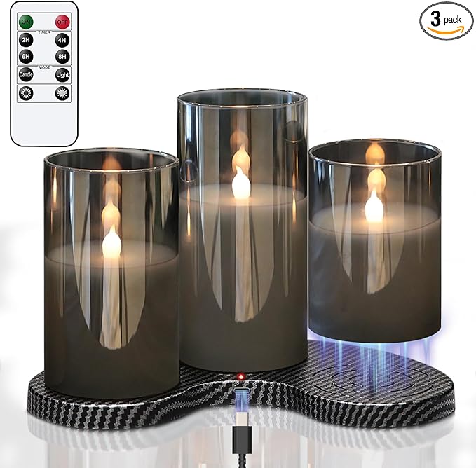 GenSwin Rechargeable Candles with Remote Timer, 3 Pack Glass Flameless Candles with Charging Base, Black LED Candles Flickering Battery Operated for Halloween Home Decorations(Set of 3, D3” x H4”5”6”)
