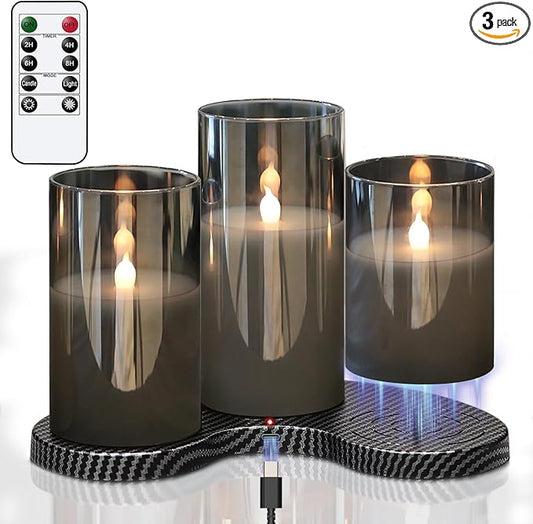GenSwin Rechargeable Candles with Remote Timer, 3 Pack Glass Flameless Candles with Charging Base, Black LED Candles Flickering Battery Operated for Halloween Home Decorations(Set of 3, D3” x H4”5”6”)
