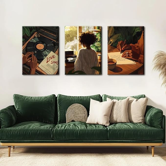 Black Woman Wall Art Set of 3 Fashion Black Girl Wall Decor, Trendy African American Women Music Poster Song Lover Canvas Prints Artwork for Bedroom Living Room 12x16 inch Framed