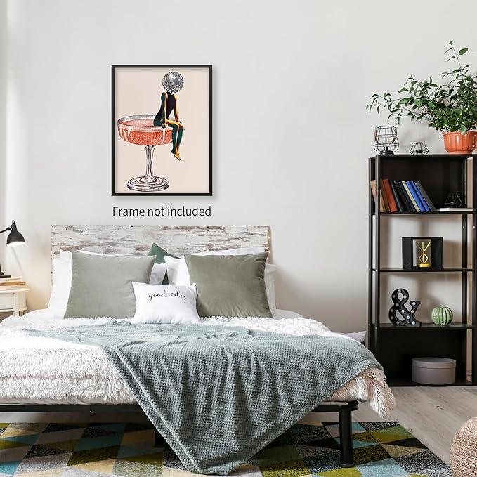 Sufeasdf Funky Disco Ball Girly Head Poster 70s Retro Cocktail Canvas Wall Art Trendy Vintage Beige Prints Painting for Family Bar Wall Decor 12x16 inch Unframed