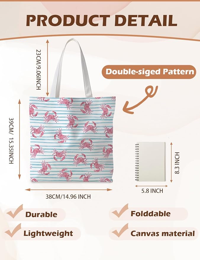 Beach Crab Tote Bag, Summer CrabsTote Bag for Women, Summer Crab Reusable Grocery Bags Shopping Bags