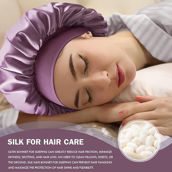 Satin Silk Bonnet for Sleeping, Double Layer Silk Sleep Cap for Men & Women, Soft Satin Lined Bonnet for Natural & Curly Hair(Dark Purple)
