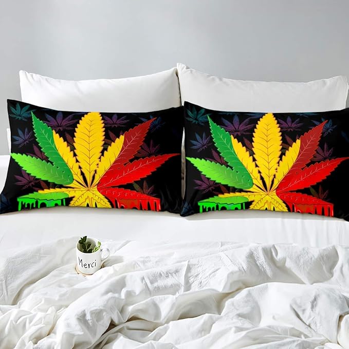 Feelyou Marijuana Leaf Duvet Cover Set Colorful Cannabis Leaves Bedding Set Botanical Weed Hemp Comforter Cover Set Boho Psychedelic Quilt Cover Soft Lightweight Queen 3Pcs