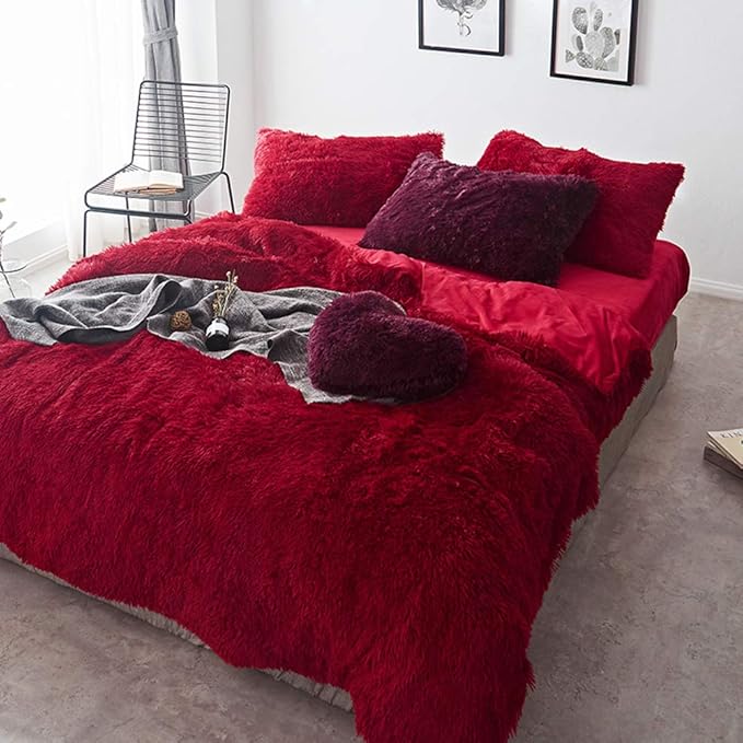 MorroMorn 5 PCS Shaggy Duvet Cover Bedding Set - Fluffy Comforter Cover Long Faux Fur Luxury Ultra Soft Cozy (Dark Red, Full/Queen)
