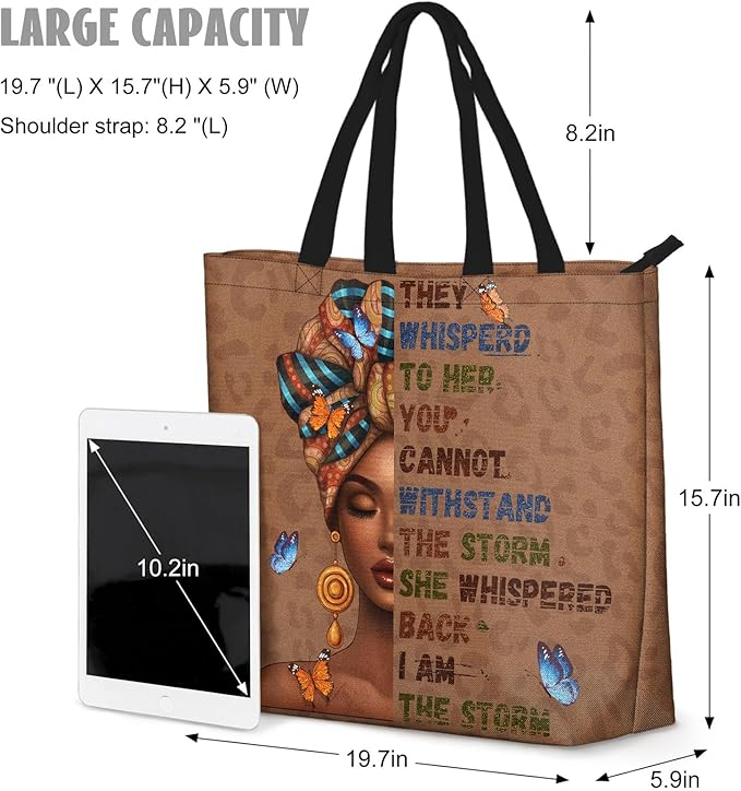 African American Women Tote Bag Black Shoulder Handbag For Women Fit Work Beach Labtops With Zip