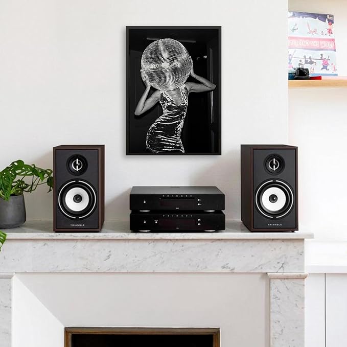 Vintage Funky Y2k Hot Girl Poster Black and White Disco Ball Canvas Wall Art 08x10 inch Black Framed Trendy Preppy Bar Cart Decor for Living Room Dorm