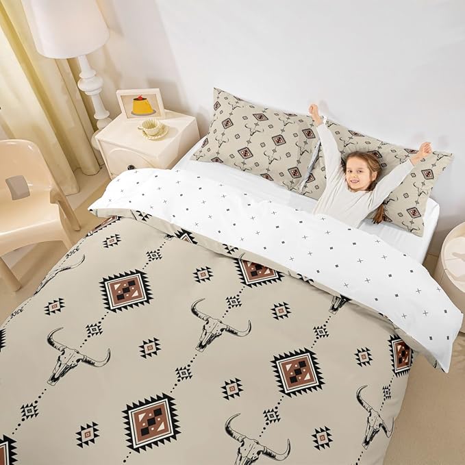 Castle Fairy Western Duvet Cover Twin Size,Tribal Geometry Southwestern Boho Soft Bedding Set,Country Cow Skull Comforter Cover 2PCS,Retro Cowboy Quilt Cover,1 Pillowcase(Not Comforter)