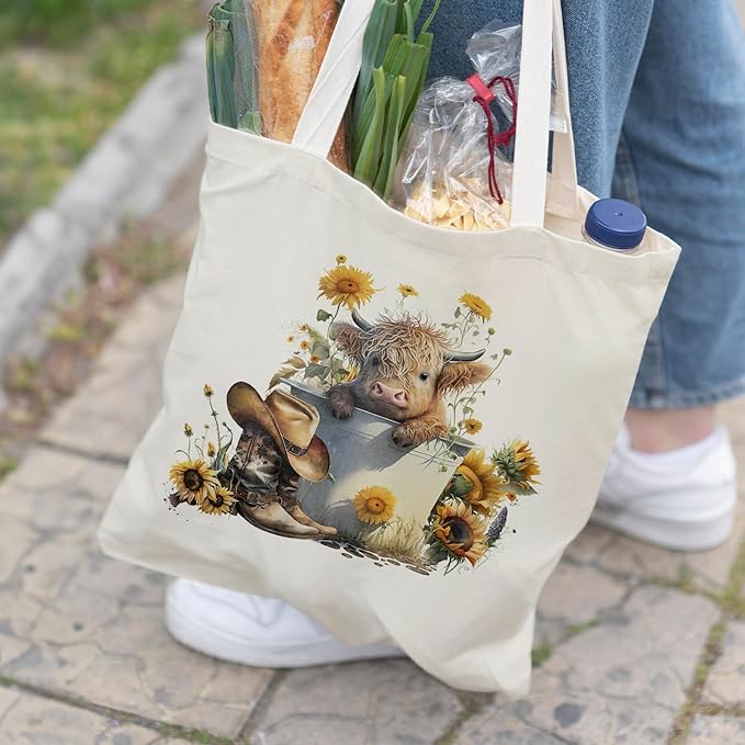 Western Highland Cow Canvas Tote Bag - Highland Cow Lover Gifts,Canvas Shoulder Bag for Women for Girls